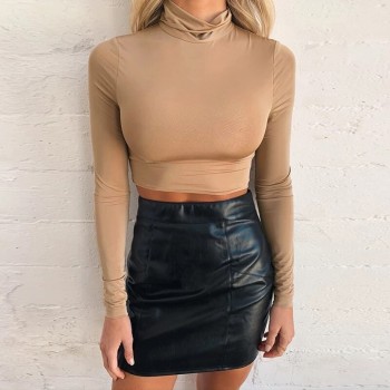 Autumn Sexy Bodycon Crop Top Women Long Sleeve Turtleneck Stretch Solid T Shirt 